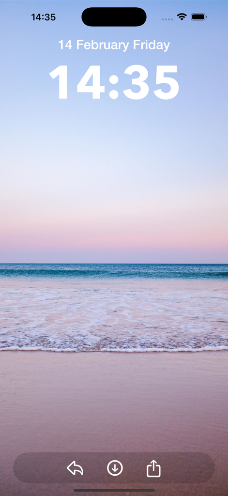 Walpium: Live Wallpapers 4K HD - 柔らかいピンクと紫の夕焼けの色合いを持つ、Walpiumアプリからのアセスティブビーチの壁紙のiPhoneロック画面プレビュー。