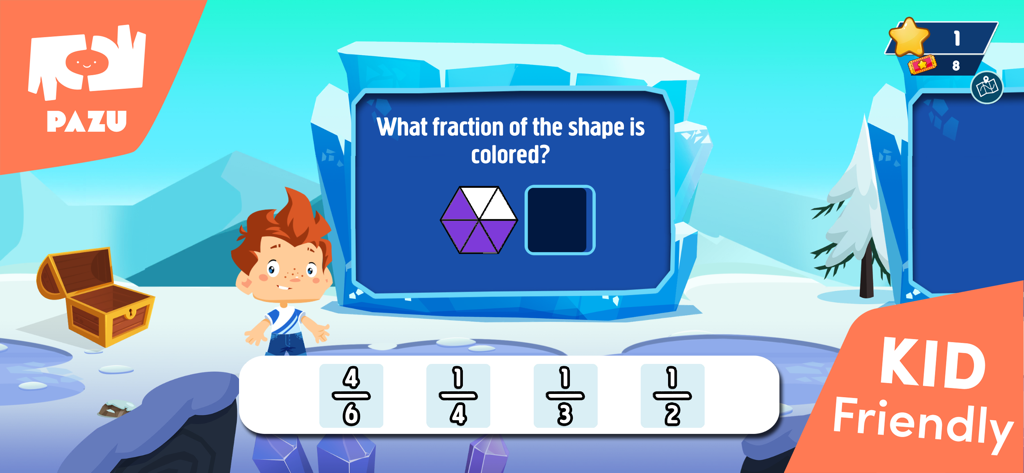 Math Games For Kids - Grade 3 - Third grade math educational game showing a fraction question with a colored hexagon