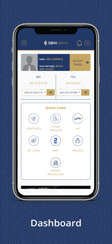 SBM Bank India Ltd - SBM Bank India mobile app dashboard showing account balances and banking services.