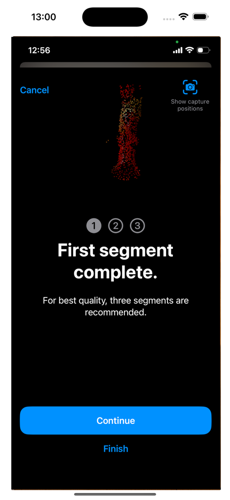 scanbust 3D - Interfaccia dell'app scanbust 3D che mostra il completamento del primo segmento di scansione con un'anteprima della nuvola di punti