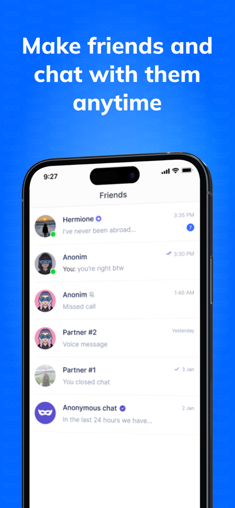 AnonChat app screenshot showing a list of active anonymous chat conversations and friends