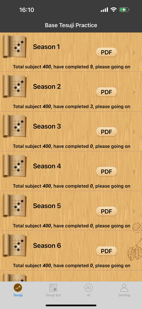 Lista de temporadas de prática de Tesuji de jogos de Go com acompanhamento de progresso e opções de PDF