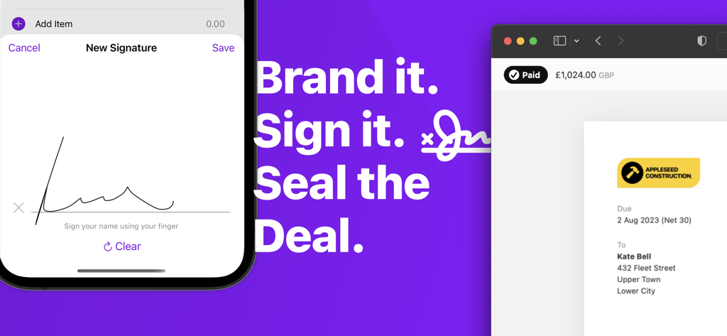 Invoices: Simple Invoice Maker - Mobile screen for adding a digital signature to a professional invoice next to a construction company invoice