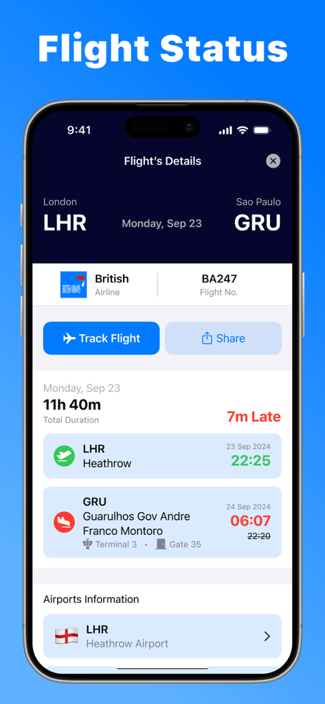 Flight Tracker, Plane Finder - Vista detallada del estado del vuelo para un vuelo de British Airways que muestra información de salida, llegada y puerta de embarque.