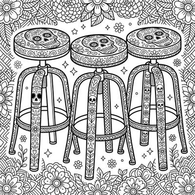 Dive into the festive spirit of Dia de los Muertos with this uniquely designed coloring page featuring ornate bar stools. Each stool is intricately adorned with traditional sugar skulls, marigolds, and rich patterns, offering a captivating artistic challenge.