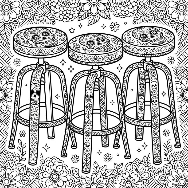 Dive into the festive spirit of Dia de los Muertos with this uniquely designed coloring page featuring ornate bar stools. Each stool is intricately adorned with traditional sugar skulls, marigolds, and rich patterns, offering a captivating artistic challenge.