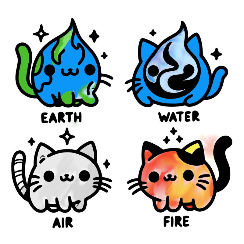 4 cats that represent the different elements, earth, water, air, and fire