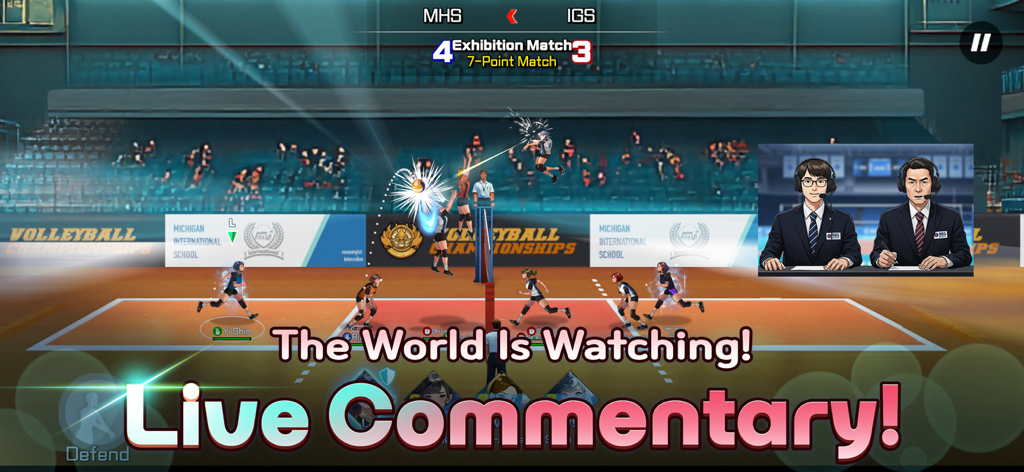 Volley Girls:High School Story - In-game screenshot of a volleyball match in Volley Girls featuring live commentary announcers and high school teams.