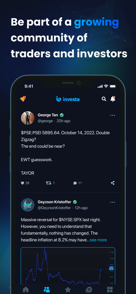 Feed social de la aplicación Investa que muestra una comunidad de traders compartiendo análisis e información del mercado.