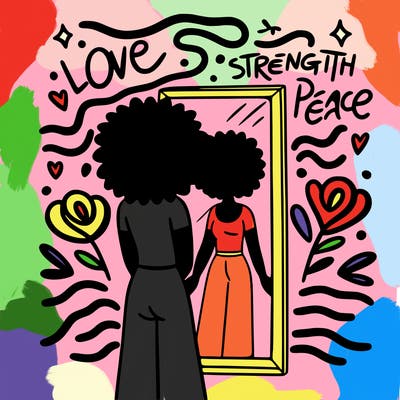 thinking with diversity in mind, a person standing in front of a mirror, with words like "love," "strength," and "peace" floating around them, with gentle waves of energy emanating from the words.