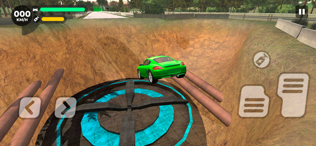Beam Drive - Pit Car Crash - Un coche deportivo verde navegando por un peligroso circuito de obstáculos sobre un pozo gigante en un juego de conducción basado en la física.