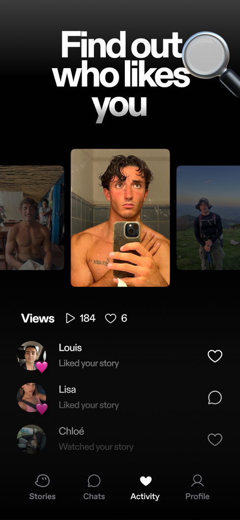 Ghosted: No Filter Dating App - Activity tab in Ghosted dating app showing a list of users who liked and watched profile stories.