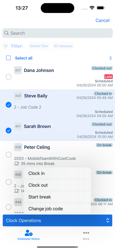 TimeClock Plus Manager - Mobile interface of TimeClock Plus Manager showing employee status list and bulk clock operations menu