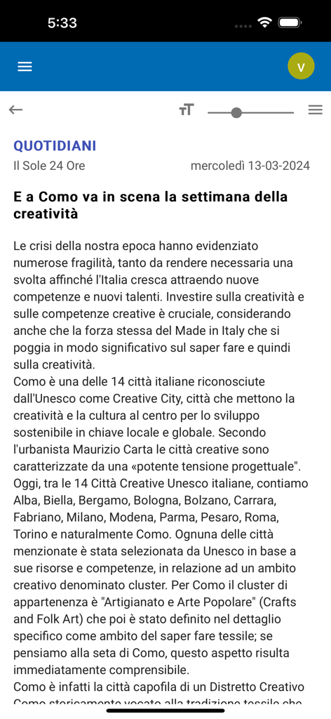 MyVP - Interface of the MyVP app showing a full news article clipping from a daily newspaper for media monitoring.