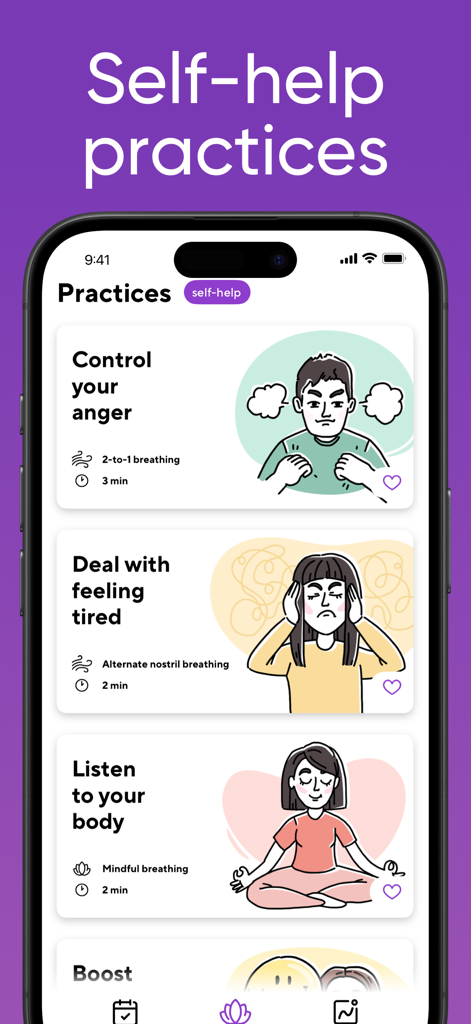 Breathing Exercises by Breeeze - Mobile app interface showing various breathing exercises for anger control and mindfulness