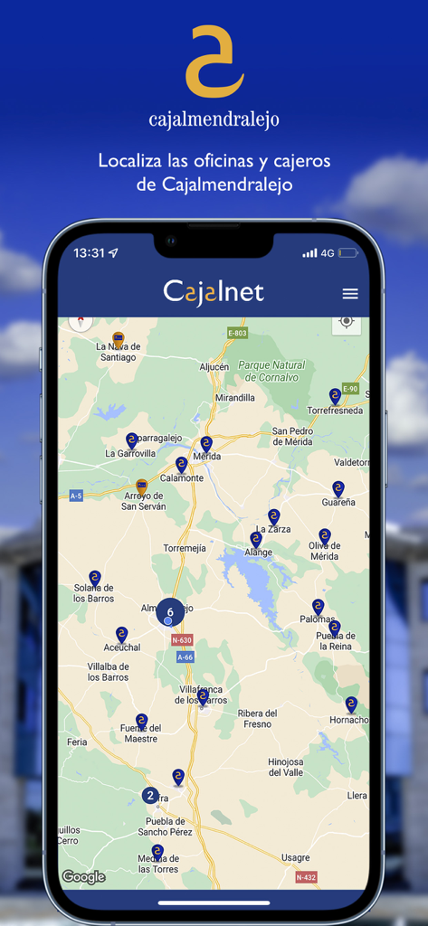 Cajalnet - Pantalla de mapa móvil que muestra las sucursales bancarias y ubicaciones de cajeros automáticos de Cajalnet