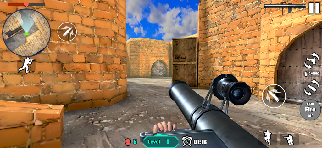 Gun Shoot War：Force Strike - First person shooter gameplay featuring a rocket launcher in a desert brick arena
