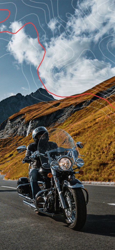 calimoto motorcycle routes - Motorcyclist riding on a scenic mountain road with a winding route overlay