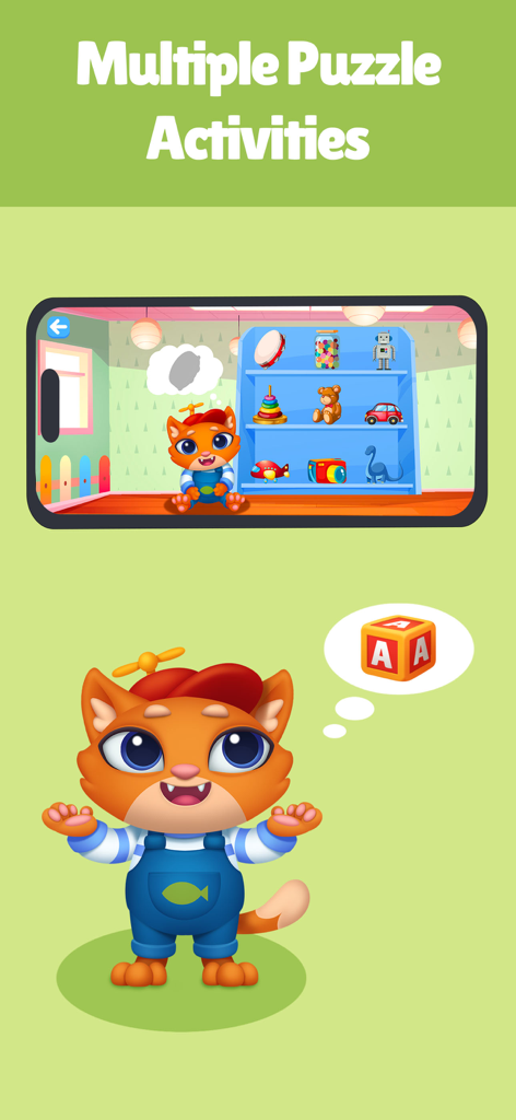 ABC Mouse: Math Games for Kids - Un personaje de gato naranja interactuando con varios rompecabezas y bloques de juguete en una aplicación educativa preescolar