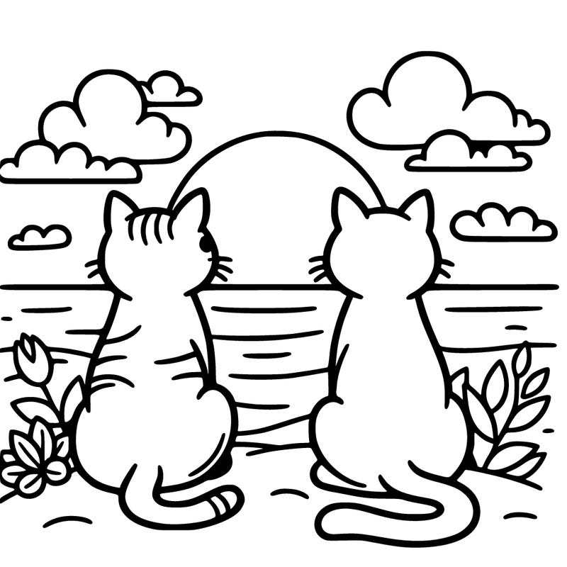 two cats sitting side by side watching a sunset