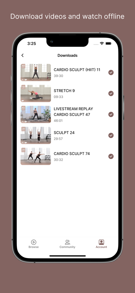Jazzercise On Demand app screen showing a list of downloaded fitness videos for offline viewing