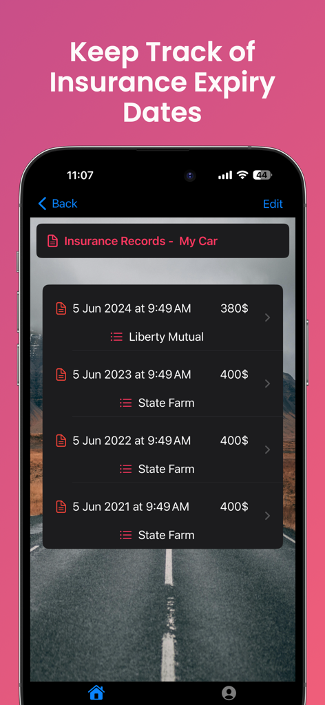 Smartphone screen displaying vehicle insurance payment history and expiry dates in the Car Log Diary app