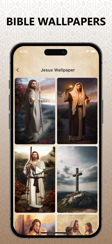 A smartphone screen displaying a selection of Christian themed wallpapers including depictions of Jesus and a cross on a hill