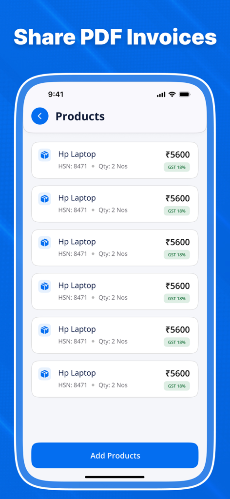 Mobile app interface showing a list of products with price and GST details for invoicing