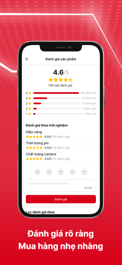 Tela de avaliações de produtos do aplicativo CellphoneS exibindo uma classificação geral de 4,6 estrelas e feedback detalhado sobre desempenho e duração da bateria.