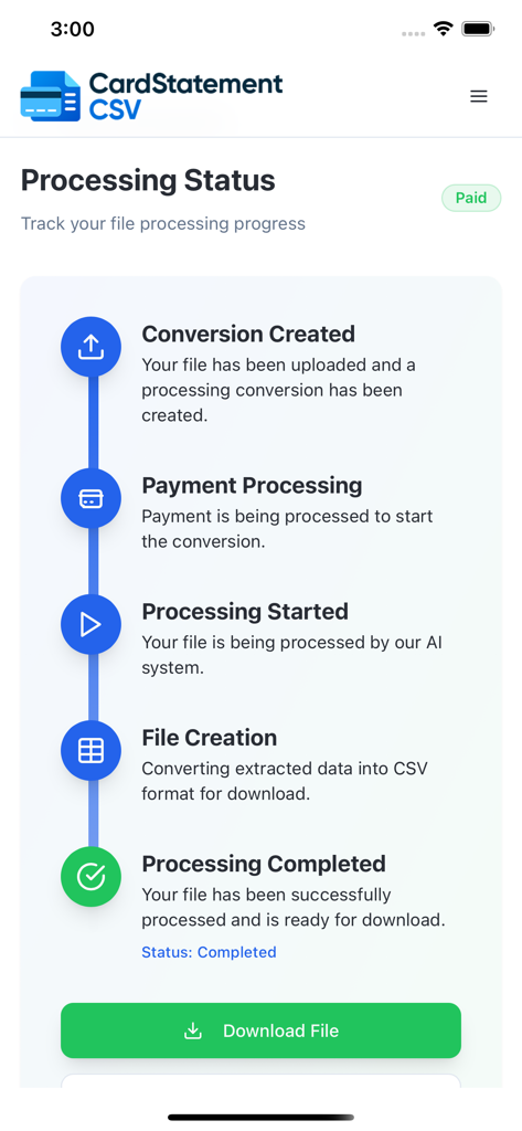 Card Statement CSV - Interface of the Card Statement CSV app showing the step by step processing status of a credit card statement conversion with a final download button