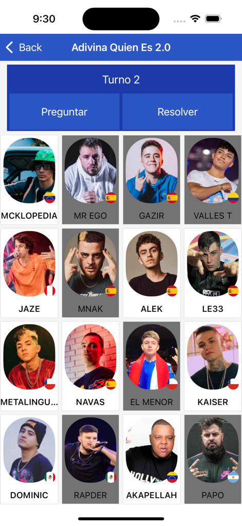 Adivina Quien Es - Gameplay-Bildschirm von Wer bin ich? mit einem Raster berühmter Freestyle-Rapper.