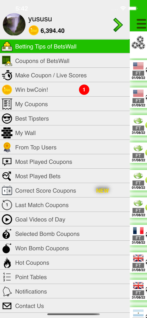 Main navigation menu of the BetsWall app showing sections for AI betting tips coupons and live scores