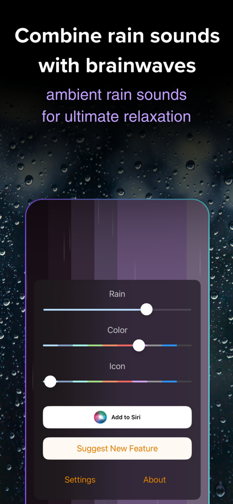 Echobay Heal: Binaural Beats - Echobay Heal app interface showing sliders for rain volume, theme color, and icon customization.