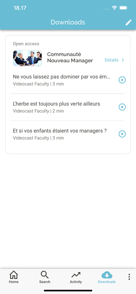 My Learning App - Interface de téléchargement de My Learning App montrant une liste de vidéos de formation d'entreprise hors ligne