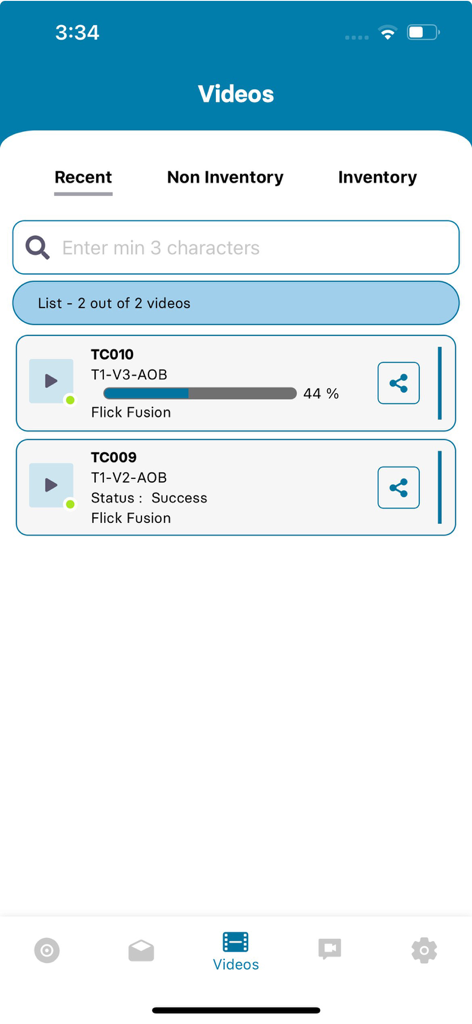 VidCom - Interface of the VidCom app showing a list of recent automotive sales videos with upload status and search functionality
