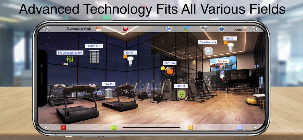 HOS Smart Home app interface showing real-time automation controls for a gymnastic club