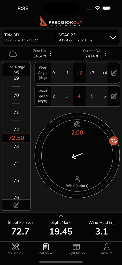Precision Cut Archery - Technical interface of the Precision Cut Archery app showing ballistics calculations for archery
