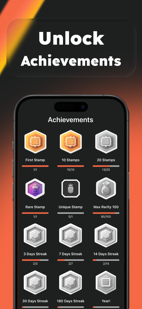 Achievements screen in Stampy app displaying collection badges and daily streaks for stamp collectors.