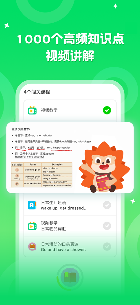 Hedgehog English app interface showing grammar video lessons and a structured learning curriculum for kids