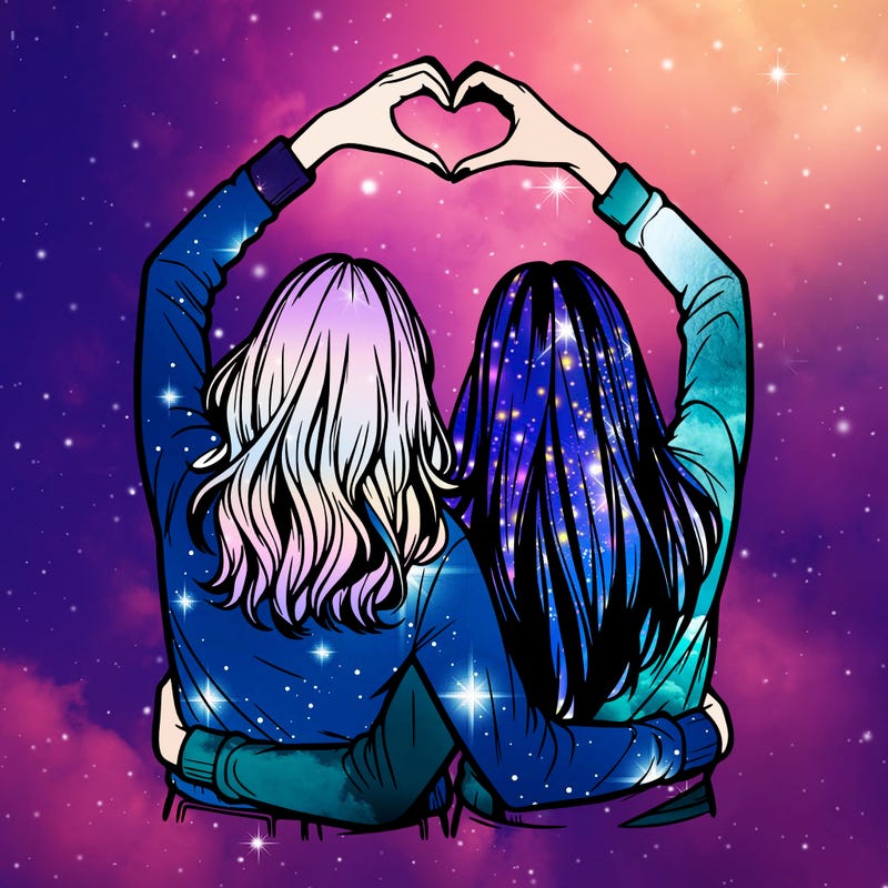 two friends with their backs turned and their hands in a heart realistic