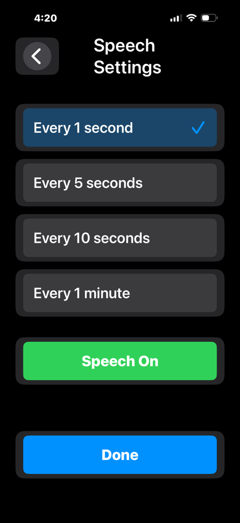 SpeakSeconds - Speech settings interface of the SpeakSeconds app showing interval options for spoken time feedback