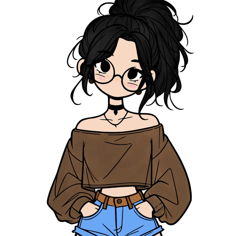 girl with a messy ponytail glasses a baggy crop top and jean shorts