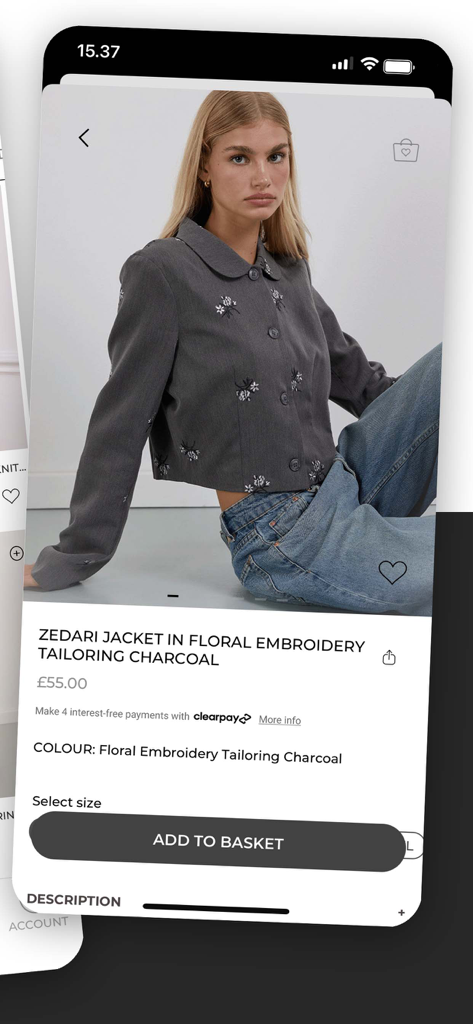 Page produit de l'application Motel Rocks affichant une veste à broderies florales de couleur anthracite.