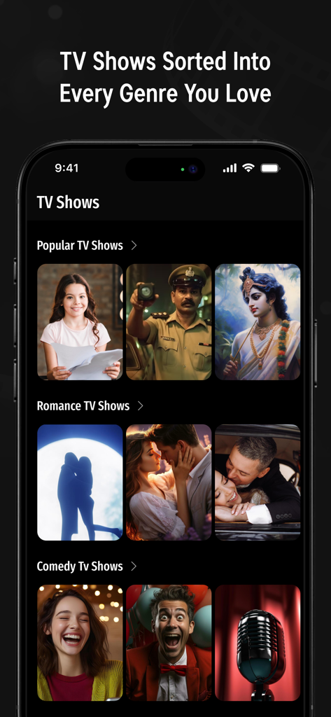 Movies Hub : Movies & TV Shows - Screenshot of the TV Shows section in Movies Hub app displaying genre categories like Popular Romance and Comedy