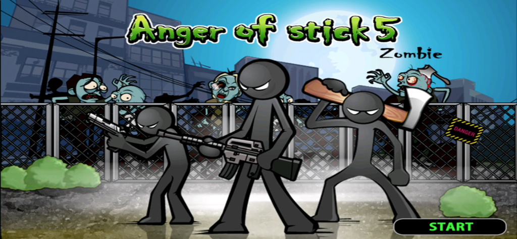 Anger of Stick 5 : zombie - Titelbild von Anger of Stick 5 Zombie mit Stickman-Helden mit Waffen vor einer Kulisse einer Zombiestadt