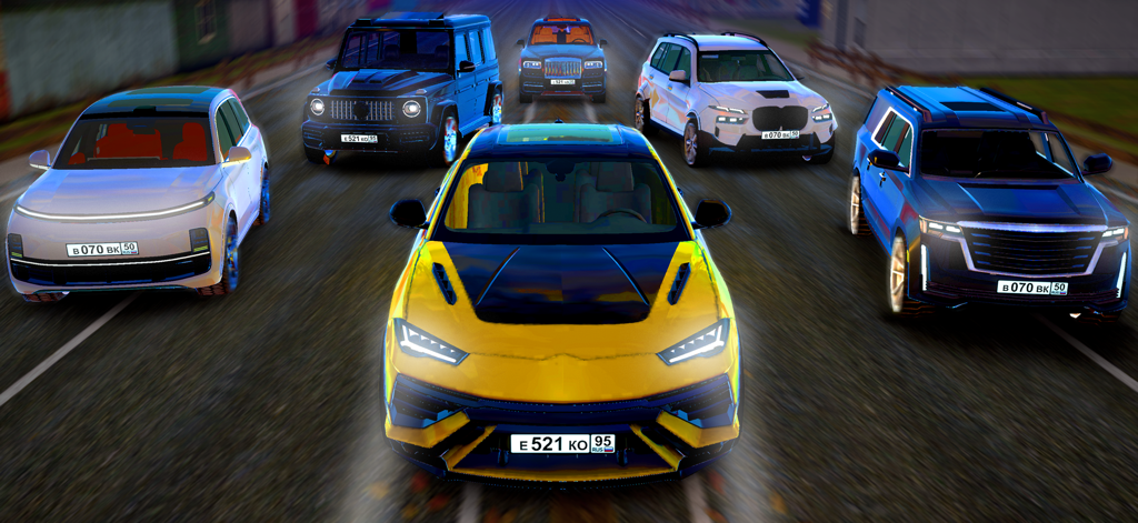 Caucasus Traffic Racer - A group of realistic sports cars and SUVs on a road in Caucasus Traffic Racer