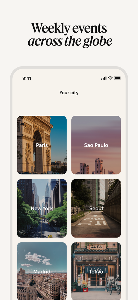 Timeleft app screen showing weekly dinner events in global cities like New York and Paris