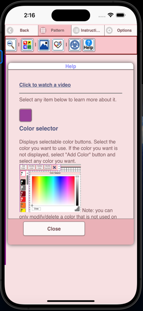 Graphghan Pattern Creator - Help screen for the color selector tool in the Graphghan Pattern Creator app