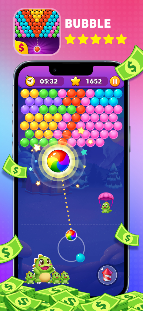 Screenshot of a bubble shooter game on a smartphone featuring colorful bubbles and cash rewards.
