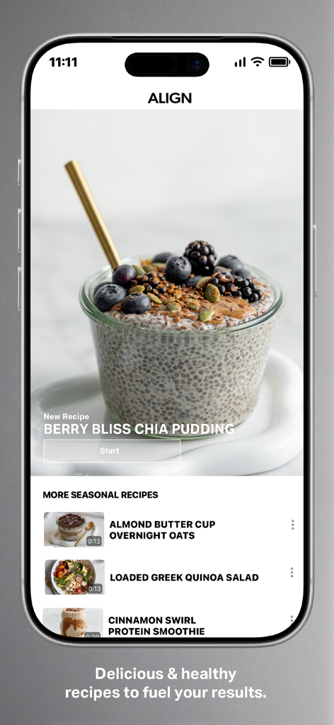 Align Pilates by Bailey Brown - A screen from the Align Pilates app showing healthy recipes like berry bliss chia pudding and quinoa salad